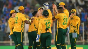 South Africa cricket team players celebrating victory against India in T20 World Cup 2026