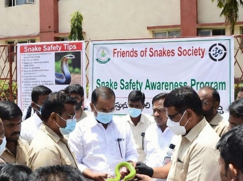 అంబేద్కర్ వర్సిటీలో పామును పట్టుకుని అవగాహన కల్పిస్తున్న ఫ్రెండ్స్ ఆఫ్ స్నేక్స్ ప్రతినిధులు