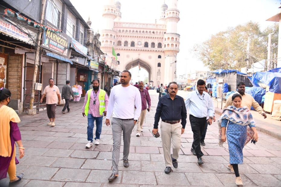 GHMC Commissioner R.V. Karnan inspecting sanitation at Charminar