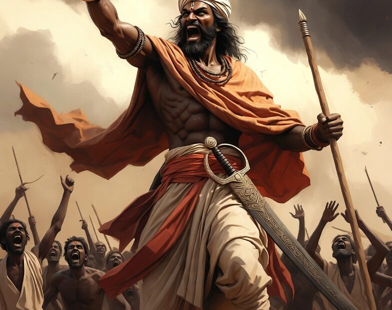 ఉయ్యాలవాడ నరసింహారెడ్డి బ్రిటిష్ పతాకం ముందు యుద్ధ భీముడిగా నిలిచి, రైతుల సైన్యాన్ని నడిపిస్తున్న ఊహాచిత్రం – స్వాతంత్ర్య పోరాట స్ఫూర్తి