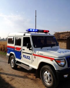 Madhya Pradesh Police vehicle investigating Khandwa gang rape case in Punasa