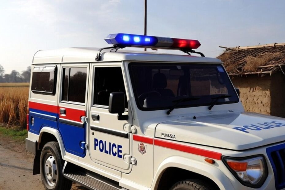 Madhya Pradesh Police vehicle investigating Khandwa gang rape case in Punasa