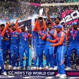 Team India lifting the T20 World Cup 2026 trophy after defeating New Zealand in the final