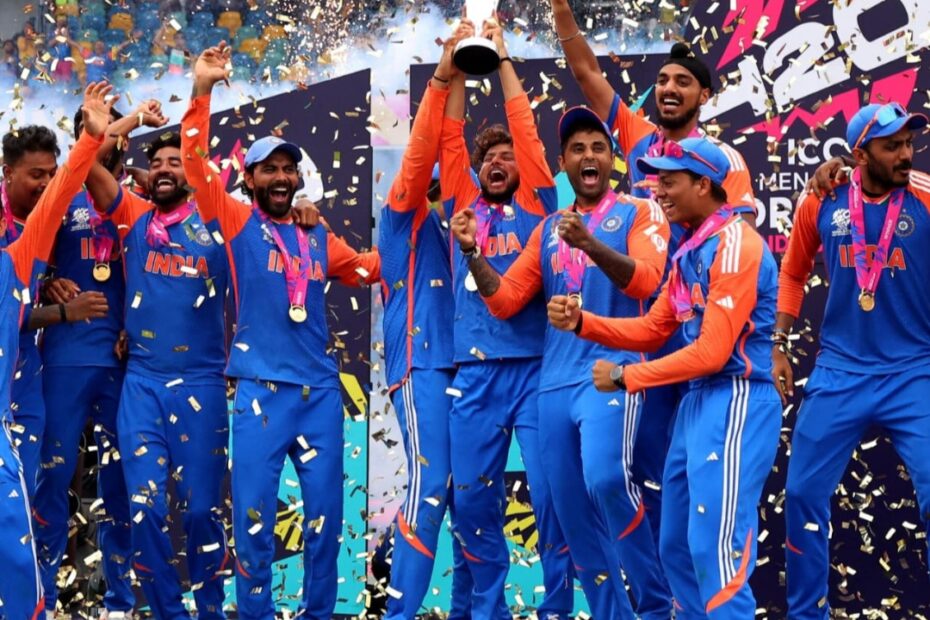 Team India lifting the T20 World Cup 2026 trophy after defeating New Zealand in the final