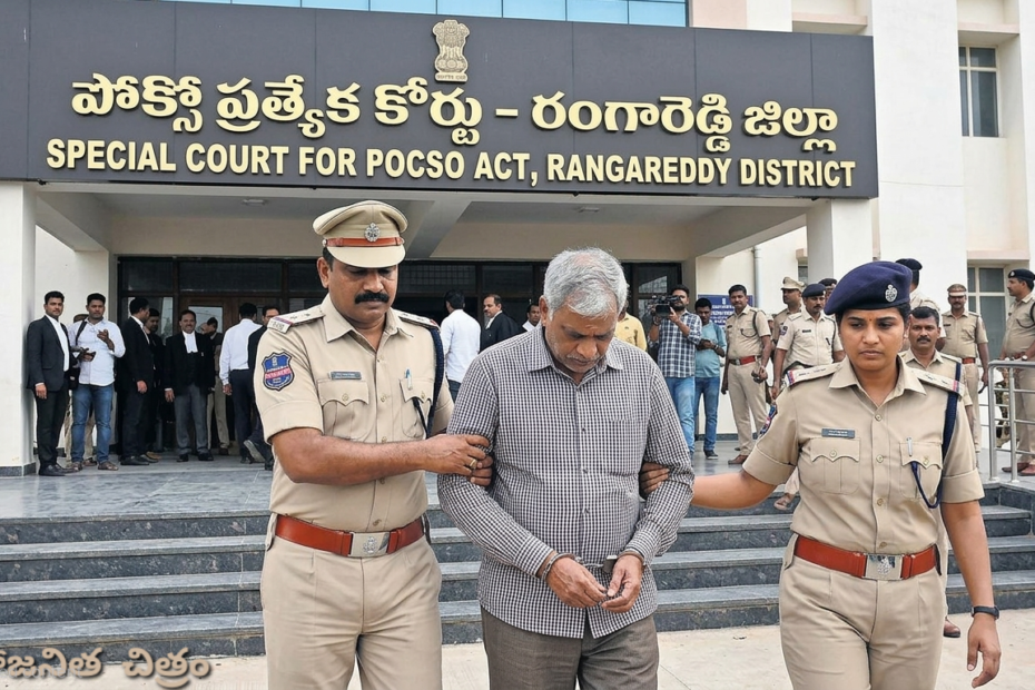 రంగారెడ్డి జిల్లా పోక్సో ప్రత్యేక కోర్టు వద్ద నిందితుడిని తీసుకెళ్తున్న పోలీసులు (ఊహాజనిత చిత్రం)