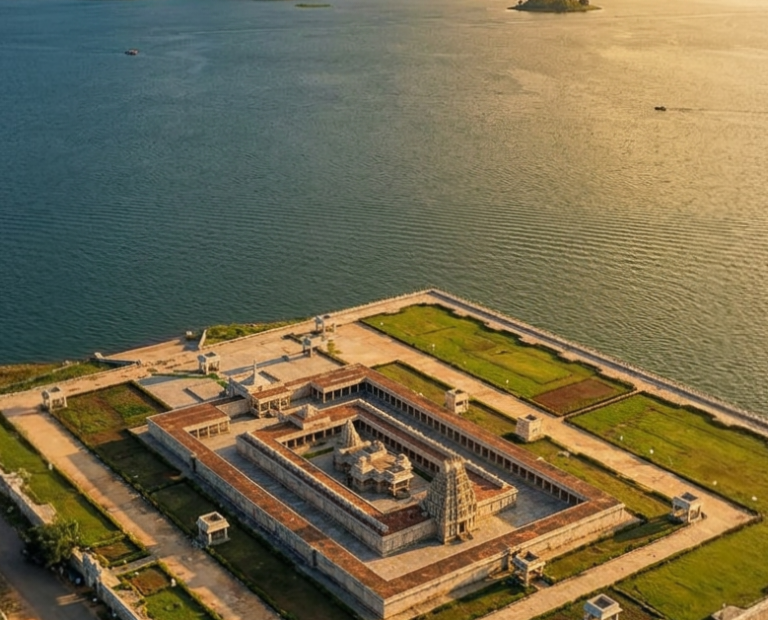 వేణుగోపాల స్వామి ఆలయం ఏరియల్ వ్యూ – KRS బ్యాక్‌వాటర్స్ మధ్య హోసకన్నంబాడిలో పునర్నిర్మిత హోయసల ఆలయం సూర్యాస్తమయం దృశ్యం మైసూర్ కర్ణాటక