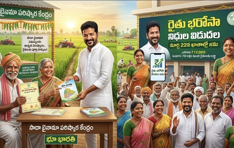 తెలంగాణ ముఖ్యమంత్రి రేవంత్ రెడ్డి రైతు భరోసా నిధుల విడుదల మరియు సాదా బైనామా పరిష్కార పోస్టర్