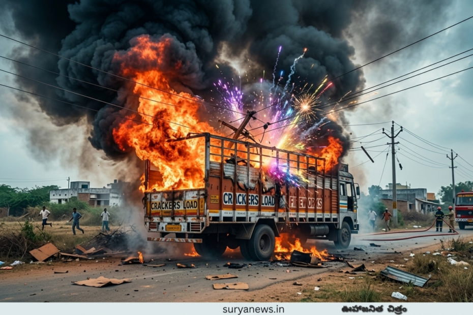 రంగారెడ్డి పెంజర్లలో క్రాకర్స్ లోడు లారీ విద్యుత్ తీగలు తగిలి దహనం - భీభత్సమైన దృశ్యం.