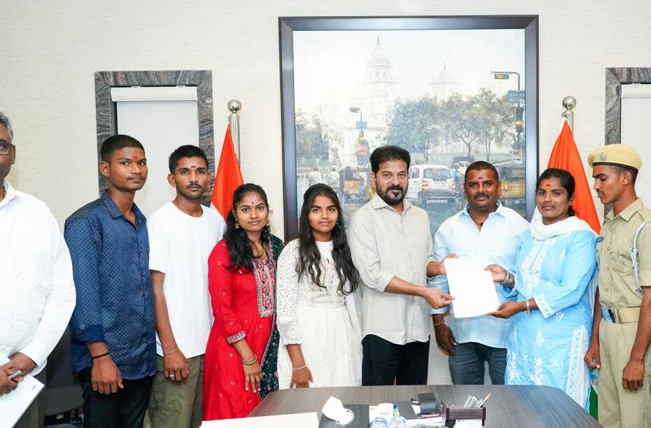 CM Revanth Reddy giving appointment letter to Tank Bund Shiva's son Venu Madhav.