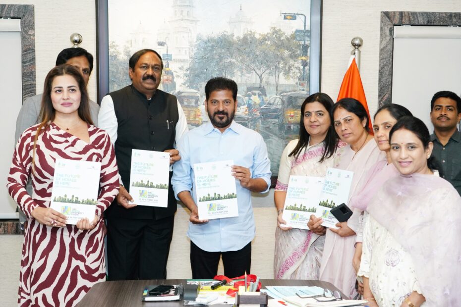 CM Revanth Reddy unveiling IGBC Green Property Show 2026 brochure in Hyderabad.