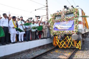 Minister Ram Mohan Naidu flagging off Srikakulam to Tirupati Humsafar Express.