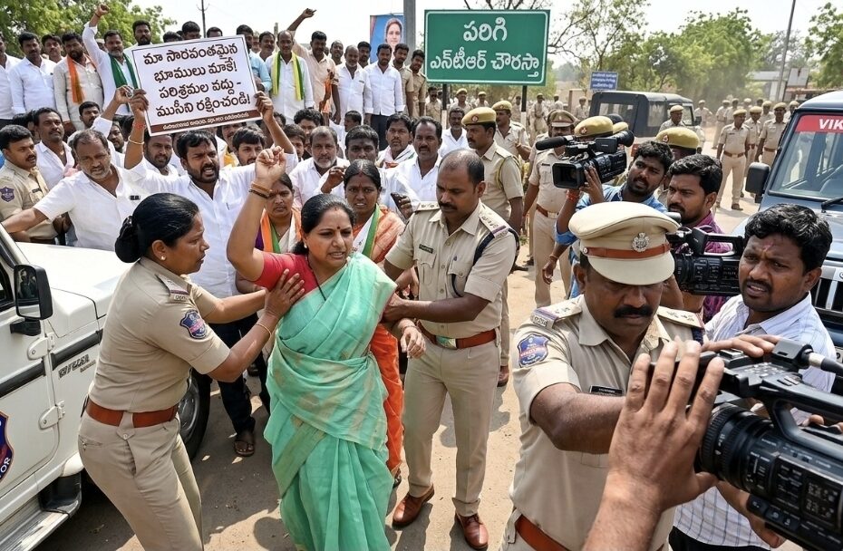 Kalvakuntla Kavitha arrest in Parigi farmers protest Vikarabad.