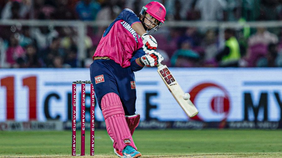 Vaibhav Suryavanshi striking a powerful shot highlighting his centuries in IPL and Vijay Hazare Trophy.
