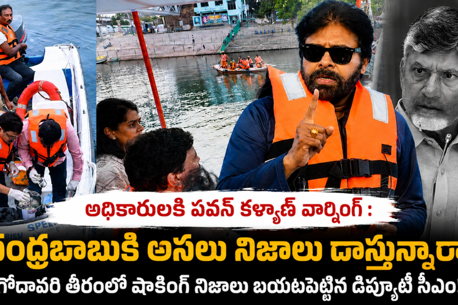 పవన్ కళ్యాణ్ గోదావరి తీరంలో అధికారులతో మాట్లాడుతున్న దృశ్యం – గోదావరి పుష్కరాల ఏర్పాట్లపై వార్నింగ్