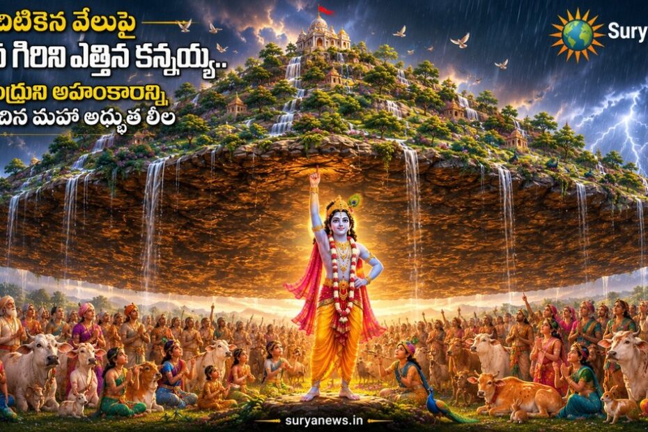 Lord Krishna lifting Govardhan Mountain (శ్రీకృష్ణుడు గోవర్ధన గిరిని ఎత్తిన దృశ్యం)